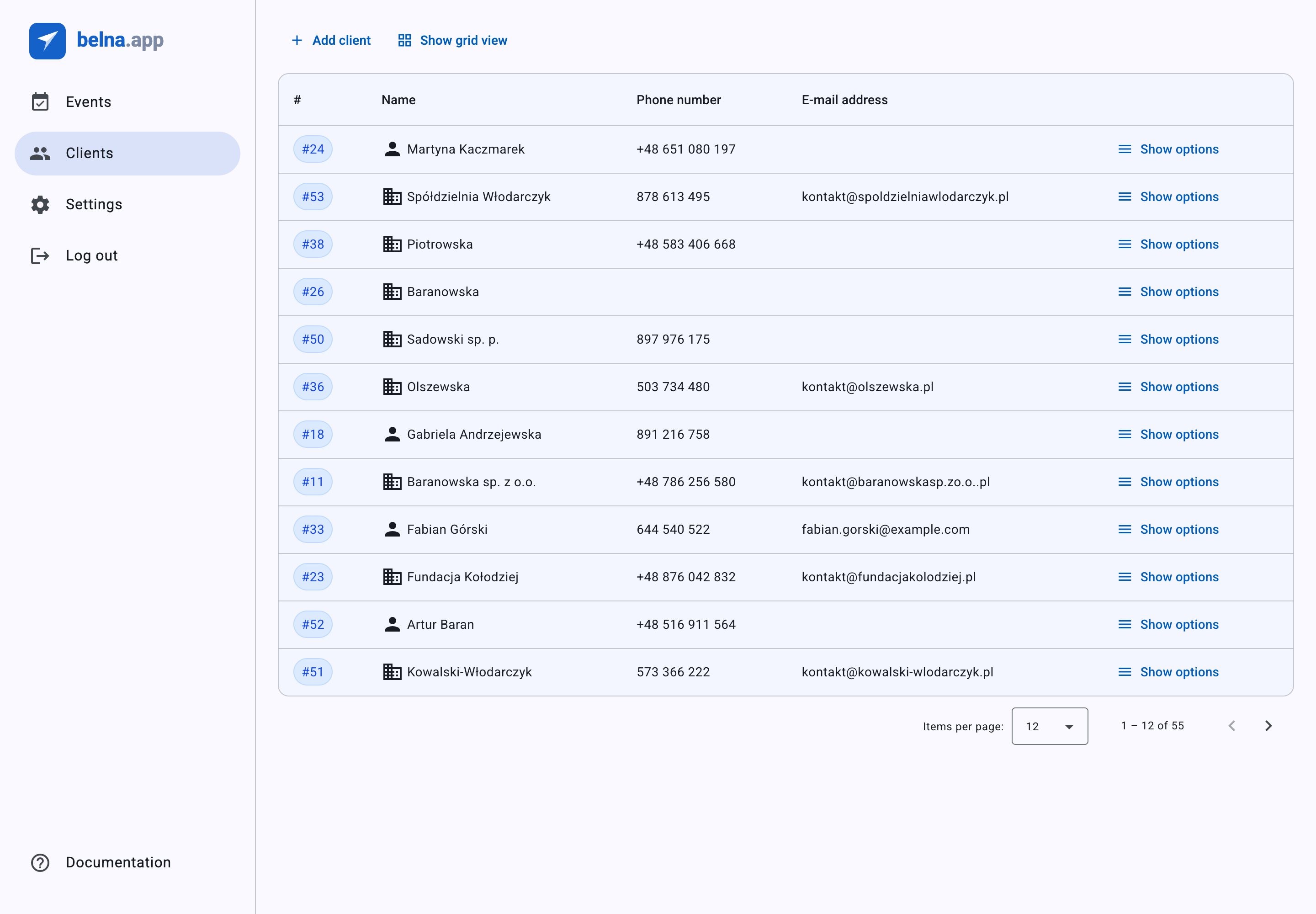 The client list with company and individual clients
