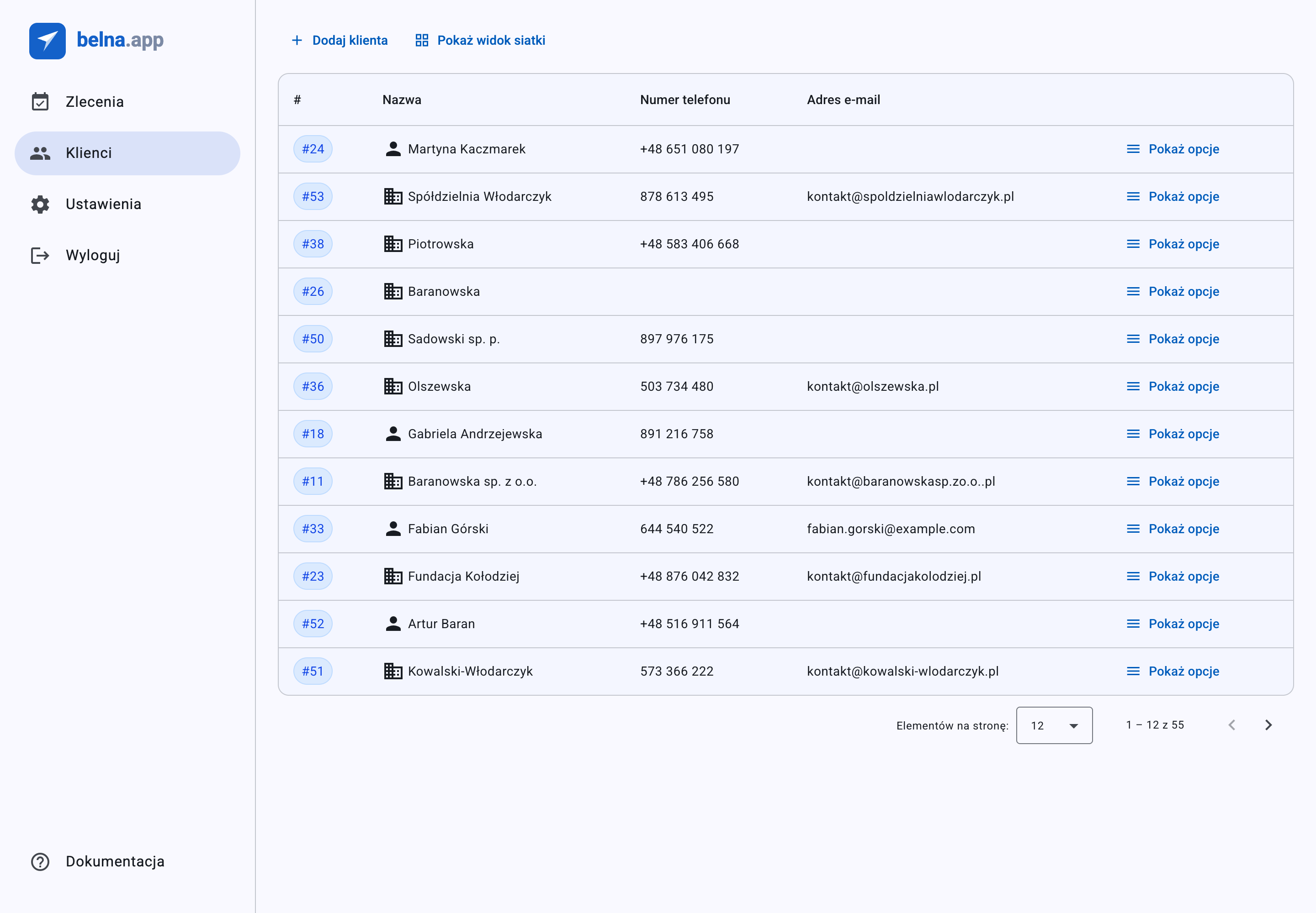 Lista klientów — firmy i osoby fizyczne