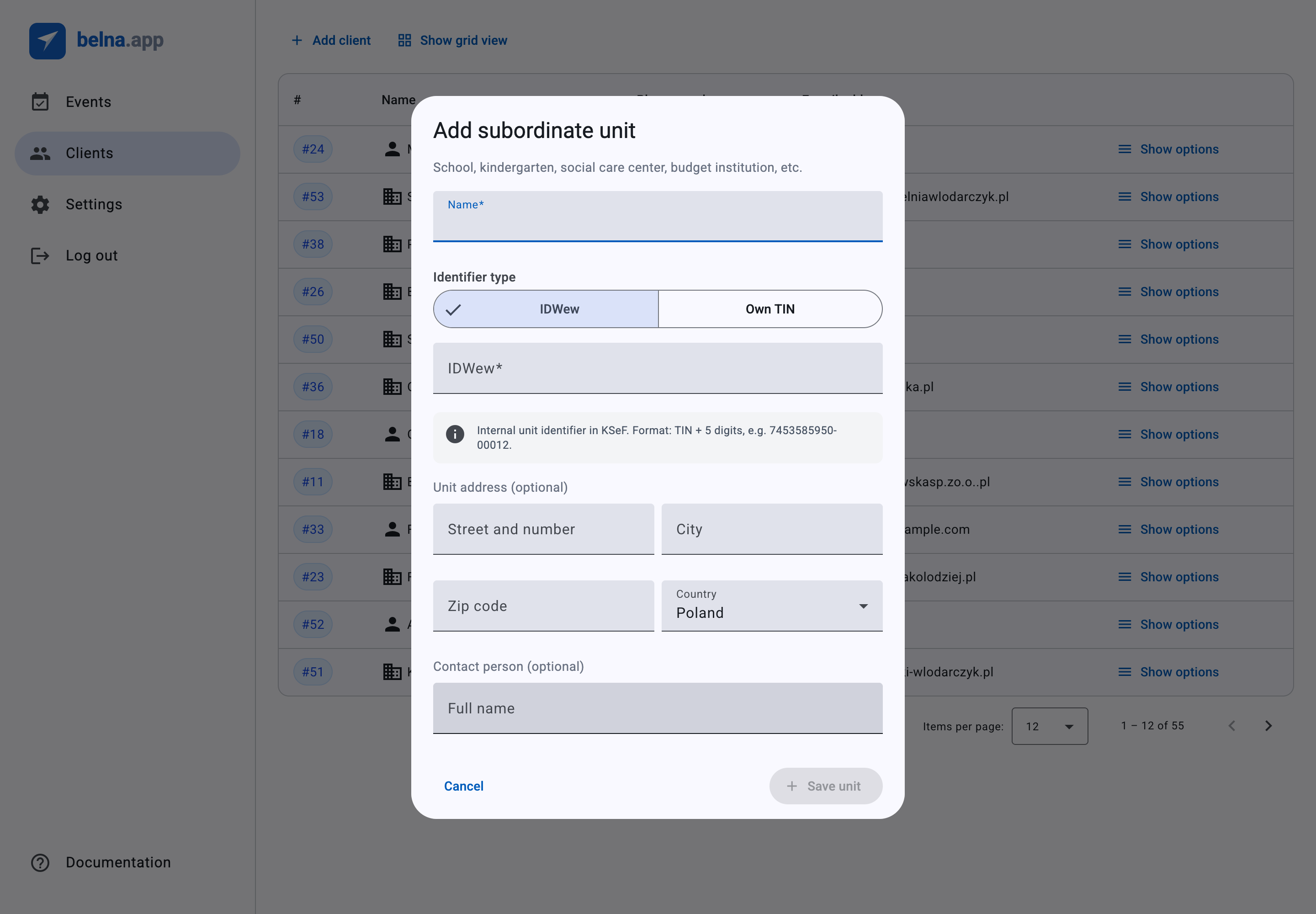 The Add subordinate unit dialog with the IDWew / Own TIN identifier toggle