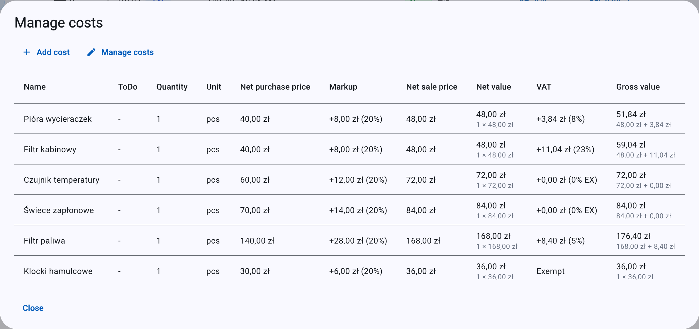 The costs dialog for an event