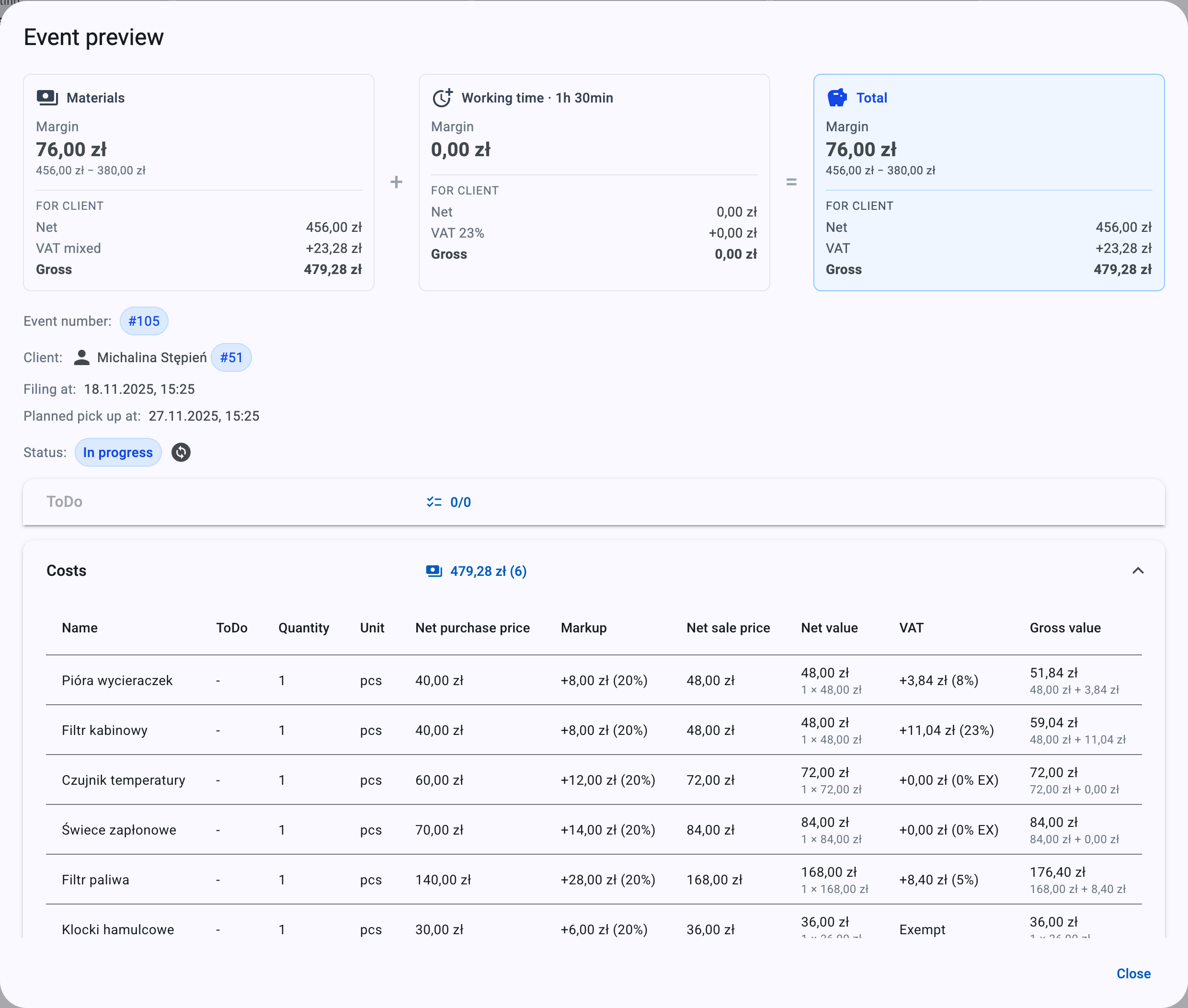The event preview gathers Materials, Working time and the Total for one job