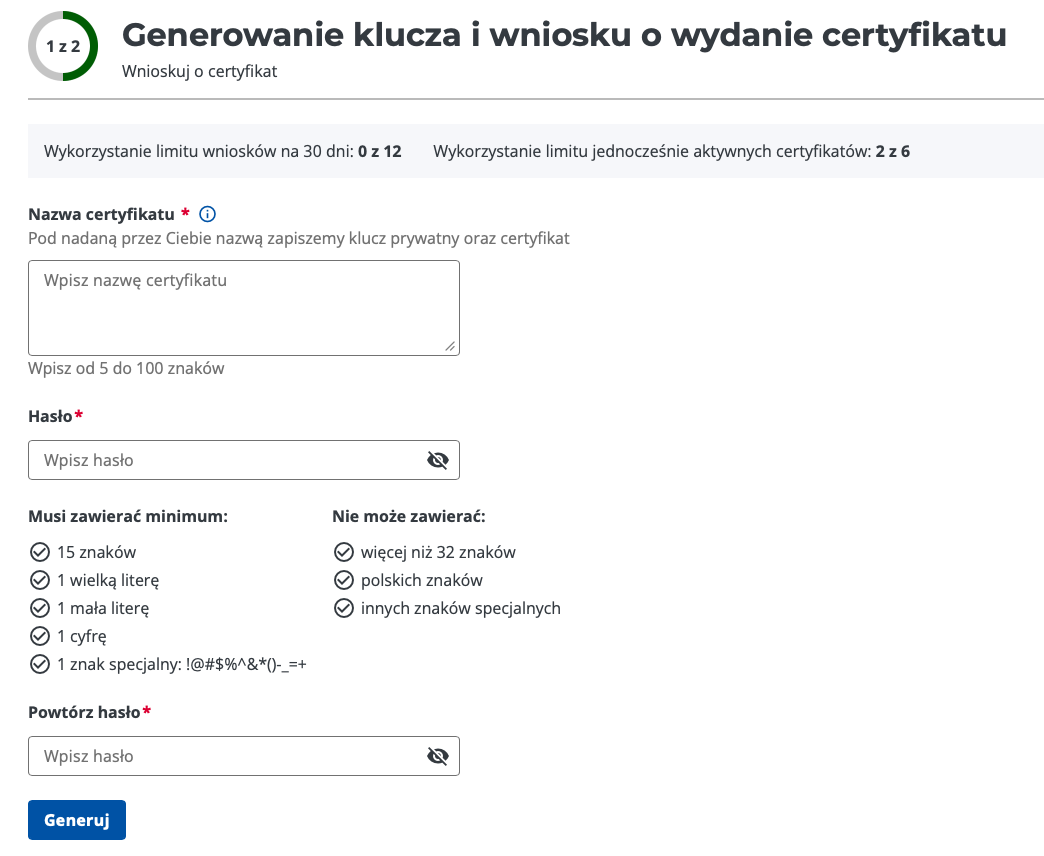 Generowanie klucza i wniosku o wydanie certyfikatu