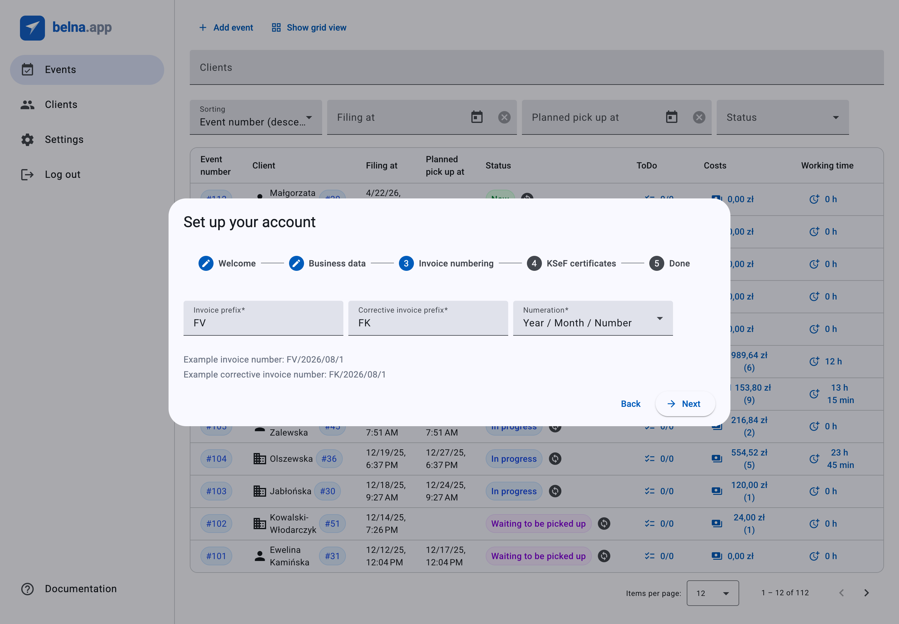 The Invoice numbering step of the setup wizard
