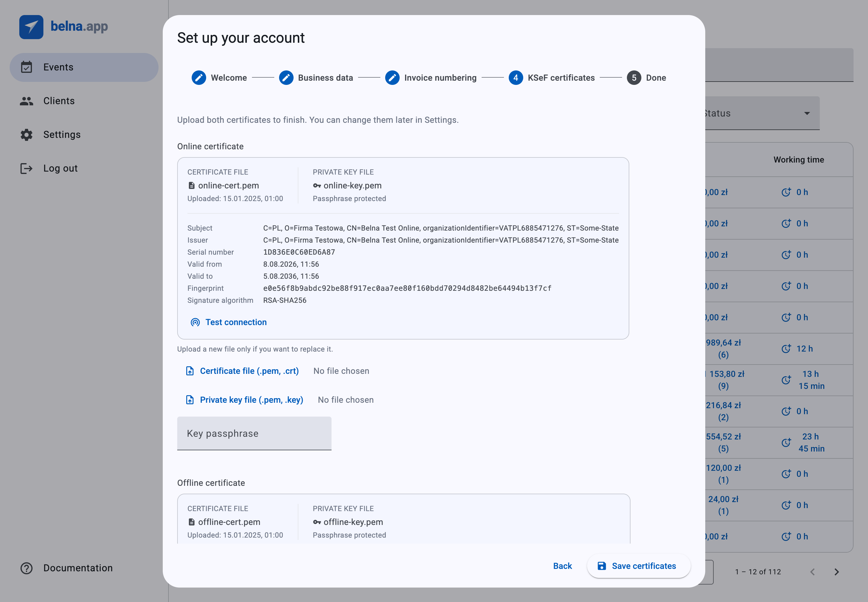 The KSeF certificates step of the setup wizard