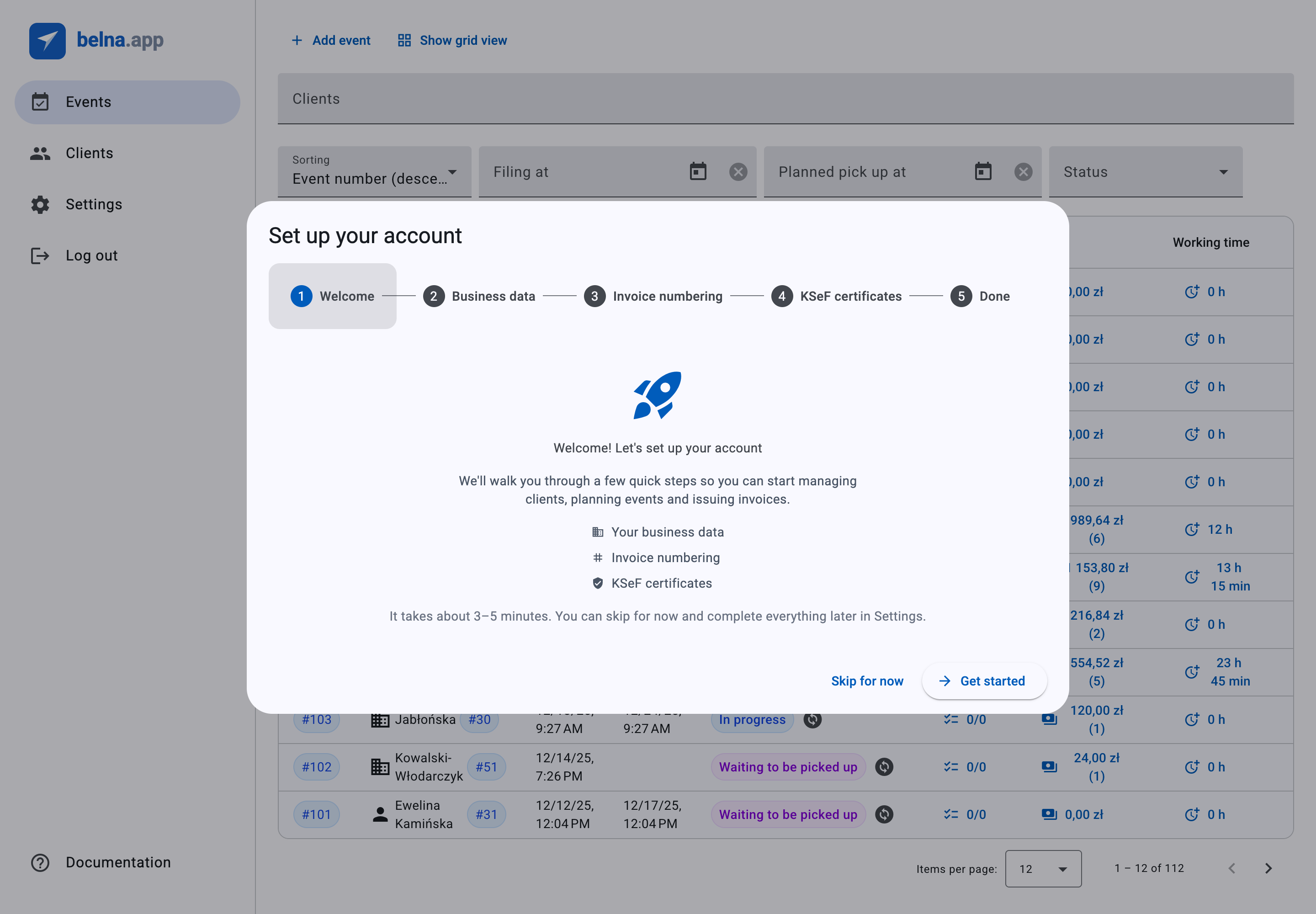 The belna.app account setup wizard