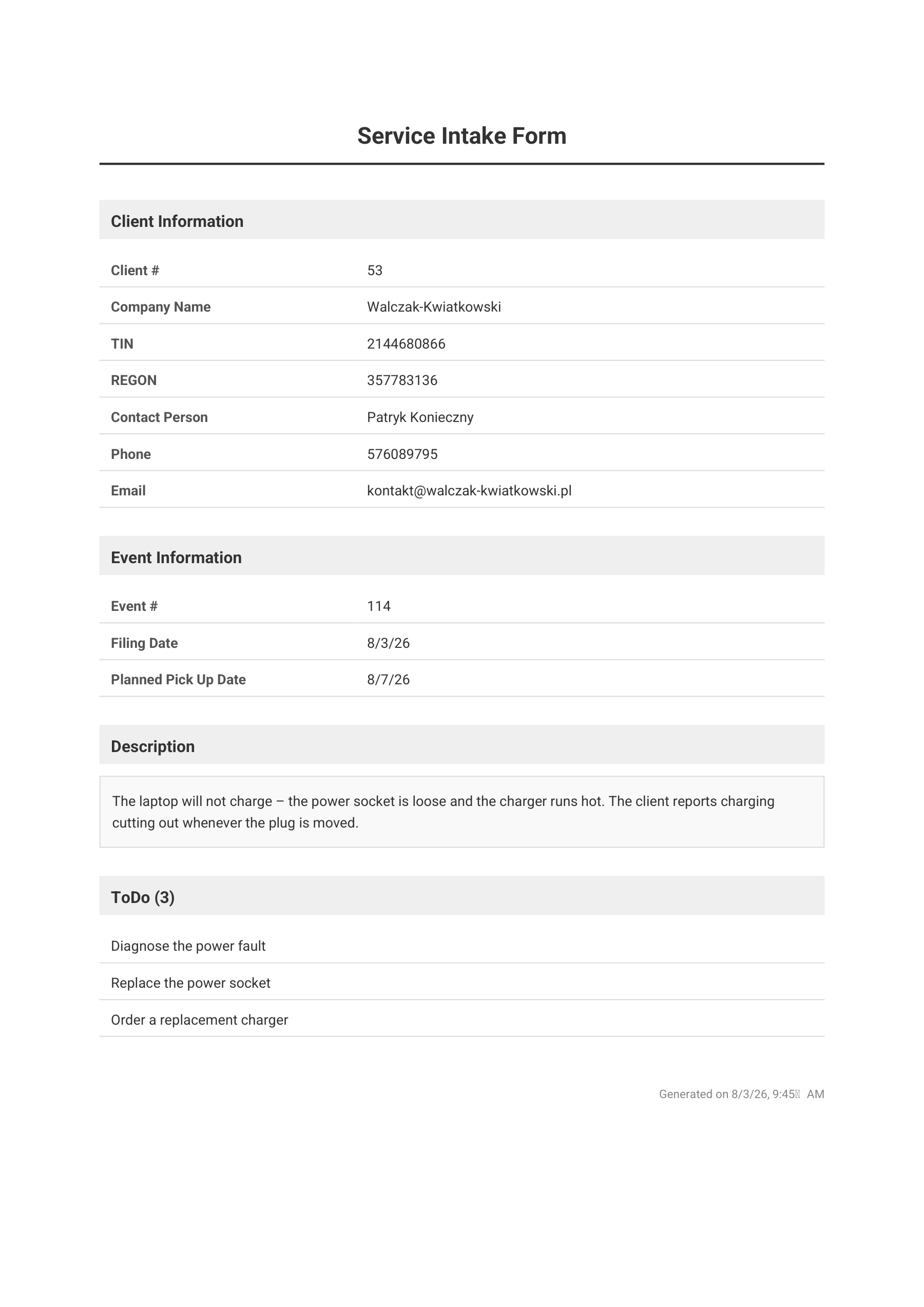 The generated service intake form PDF