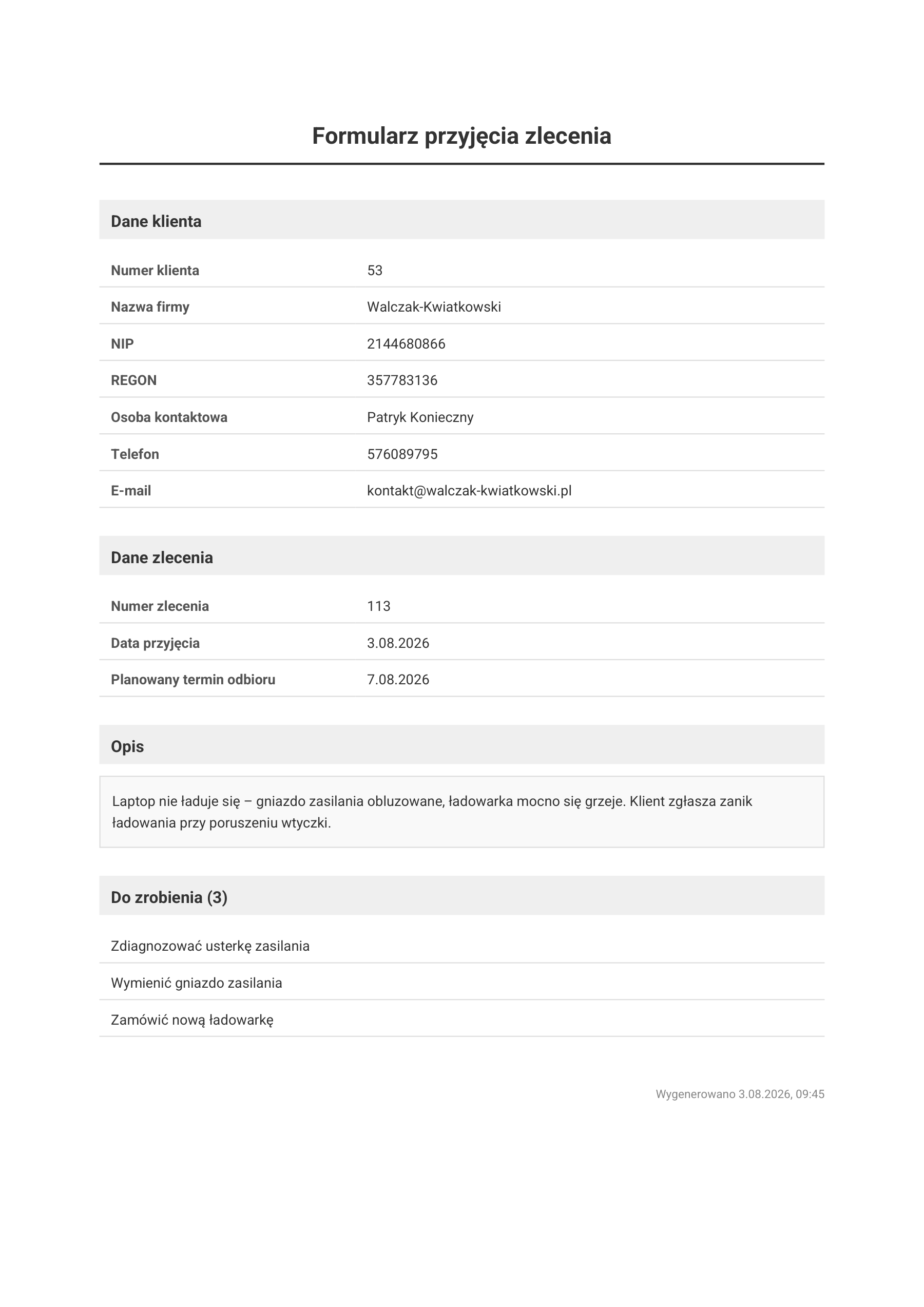 Wygenerowana karta przyjęcia zlecenia w formacie PDF