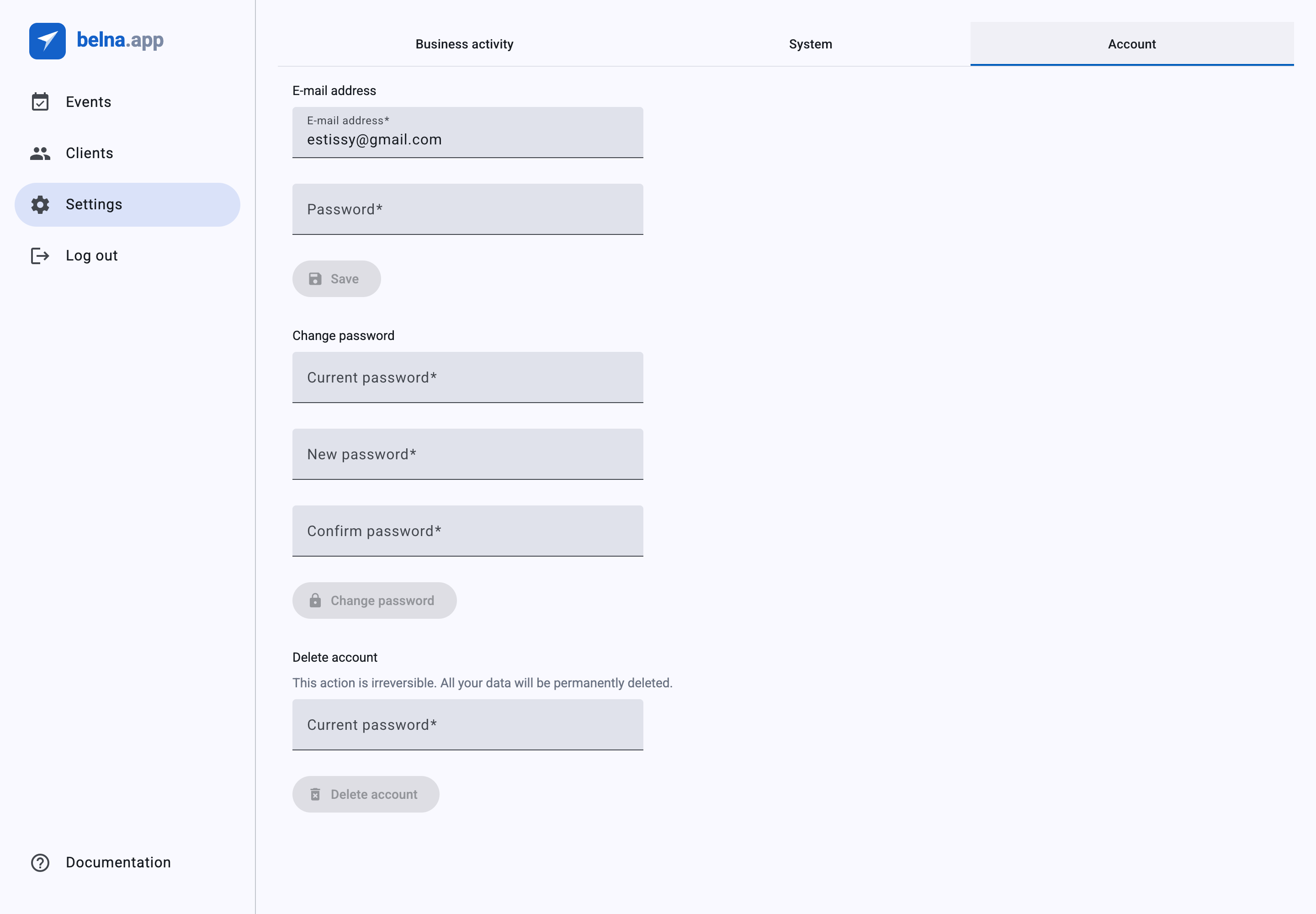 Account settings — e-mail, password and account deletion