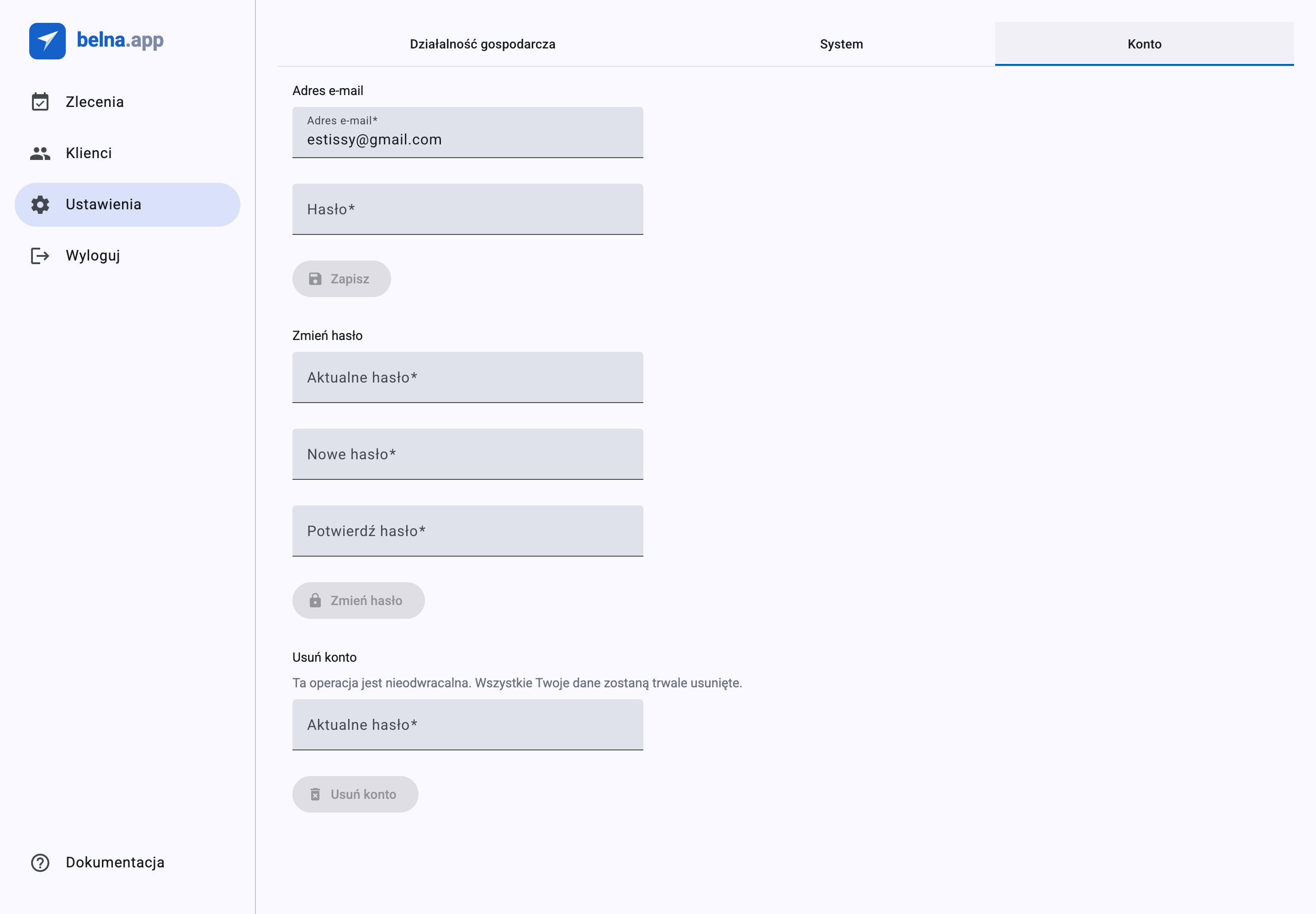 Ustawienia konta — e-mail, hasło i usunięcie konta