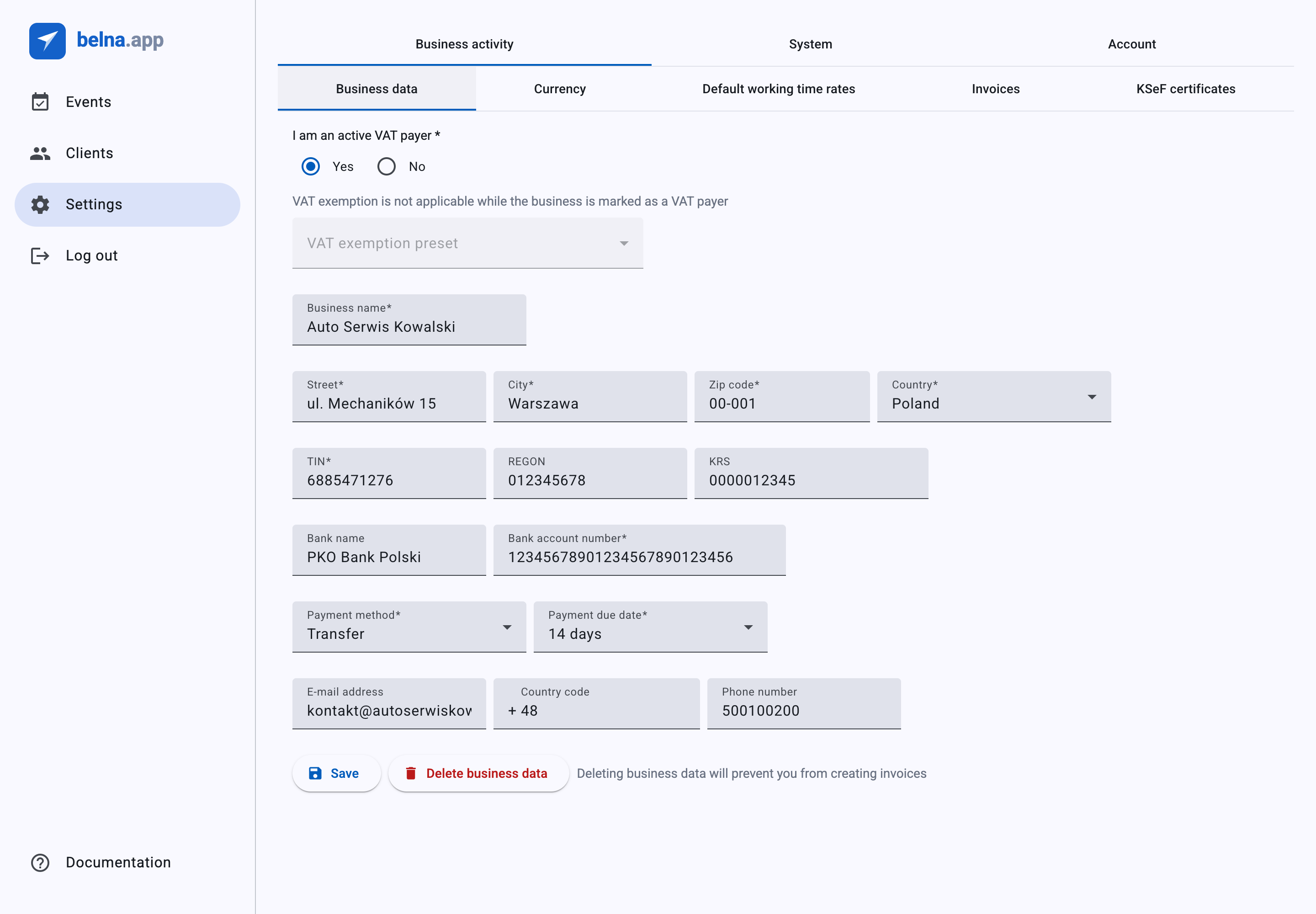 The Business data form in Settings