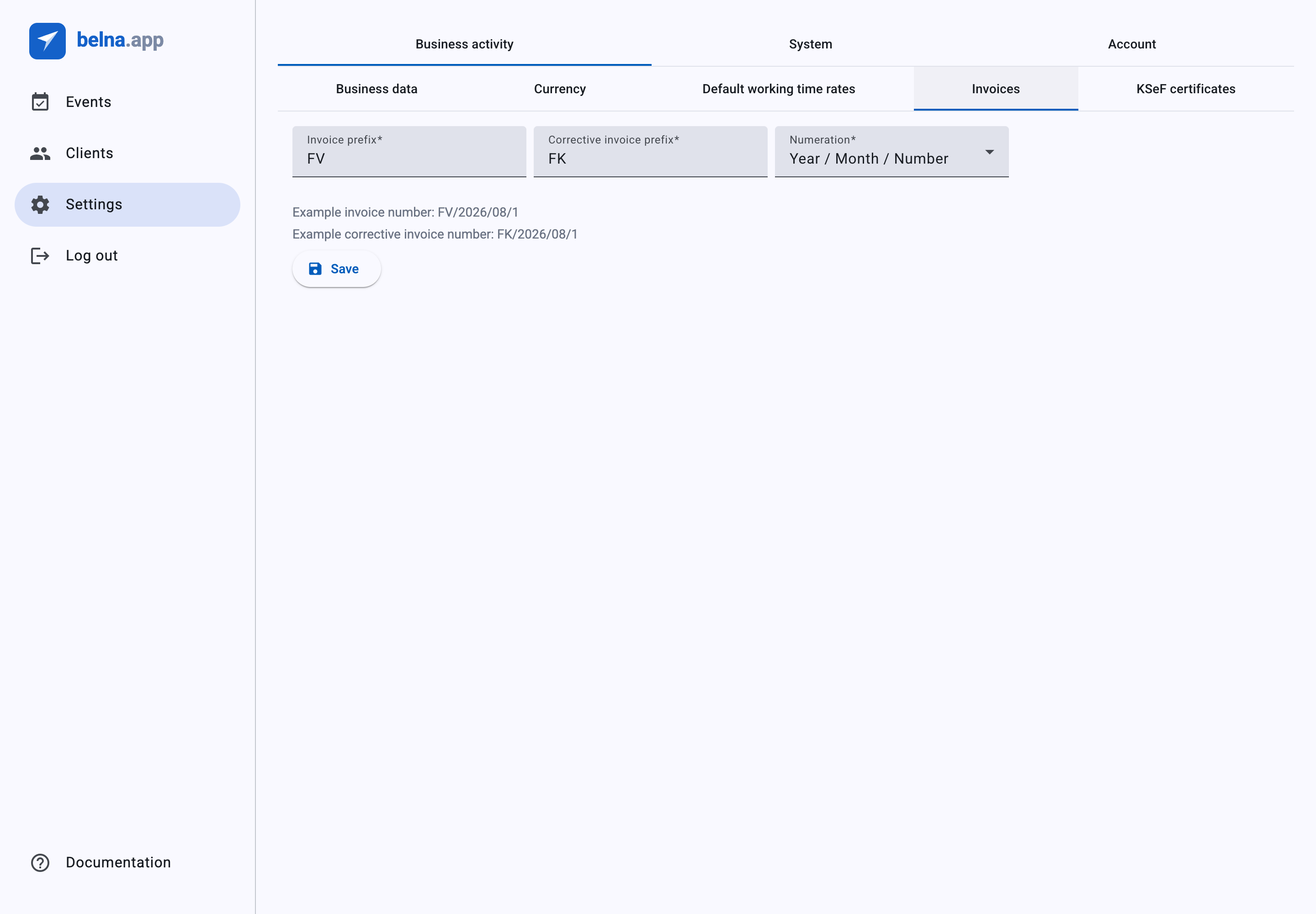 Invoice numbering and prefixes in Settings