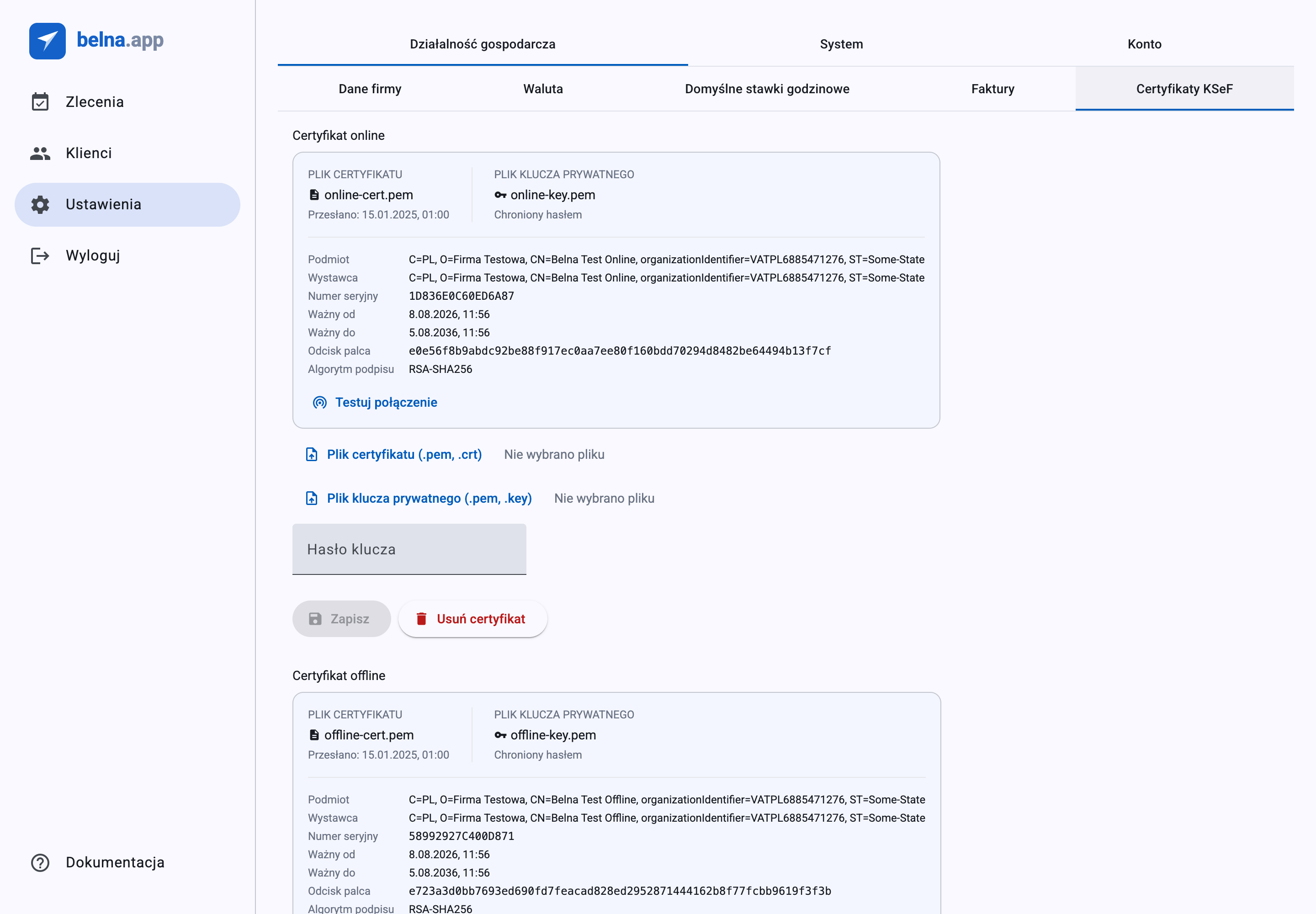 Ustawienia certyfikatów KSeF