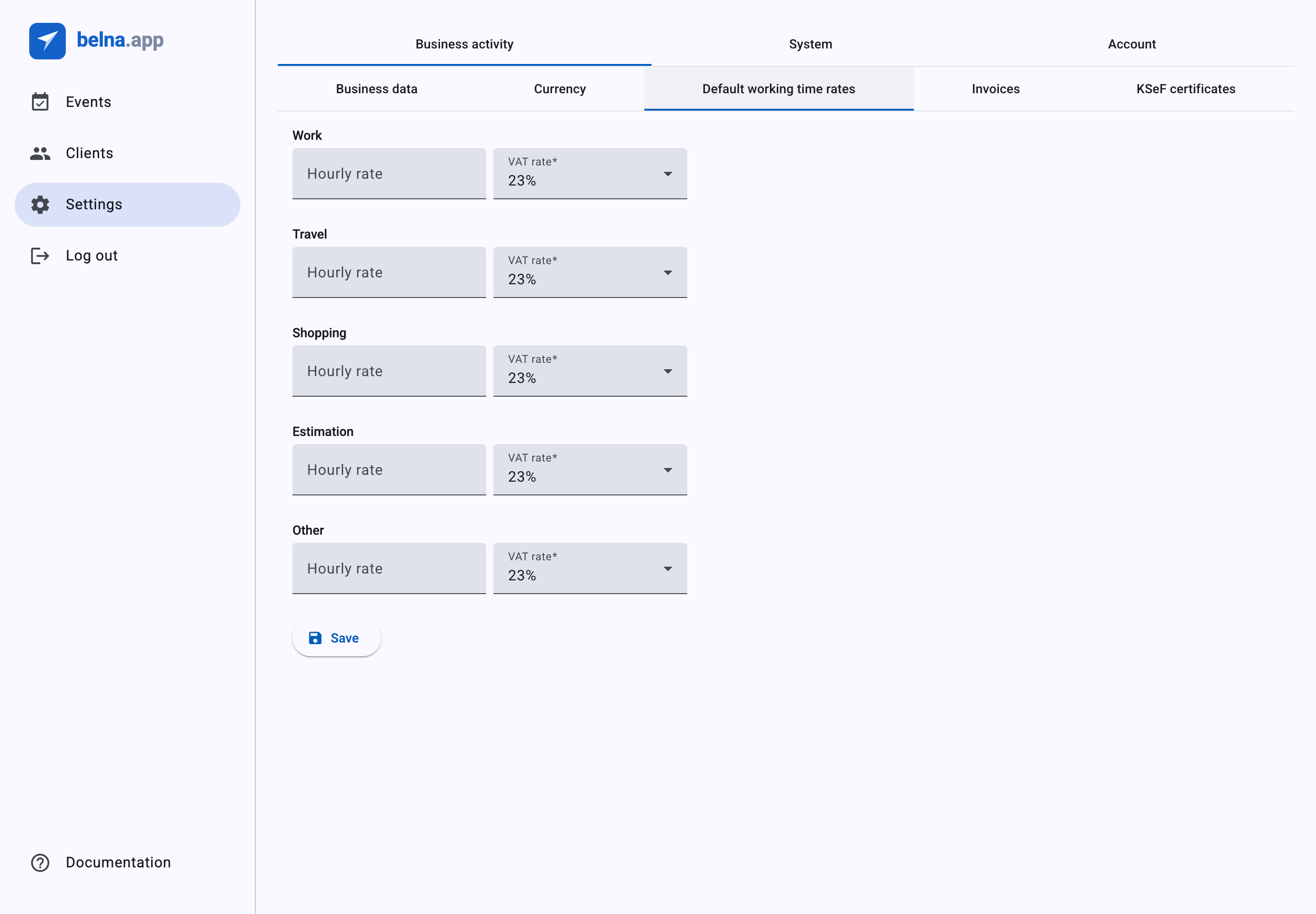 The Default working time rates tab — one hourly rate and VAT rate per type