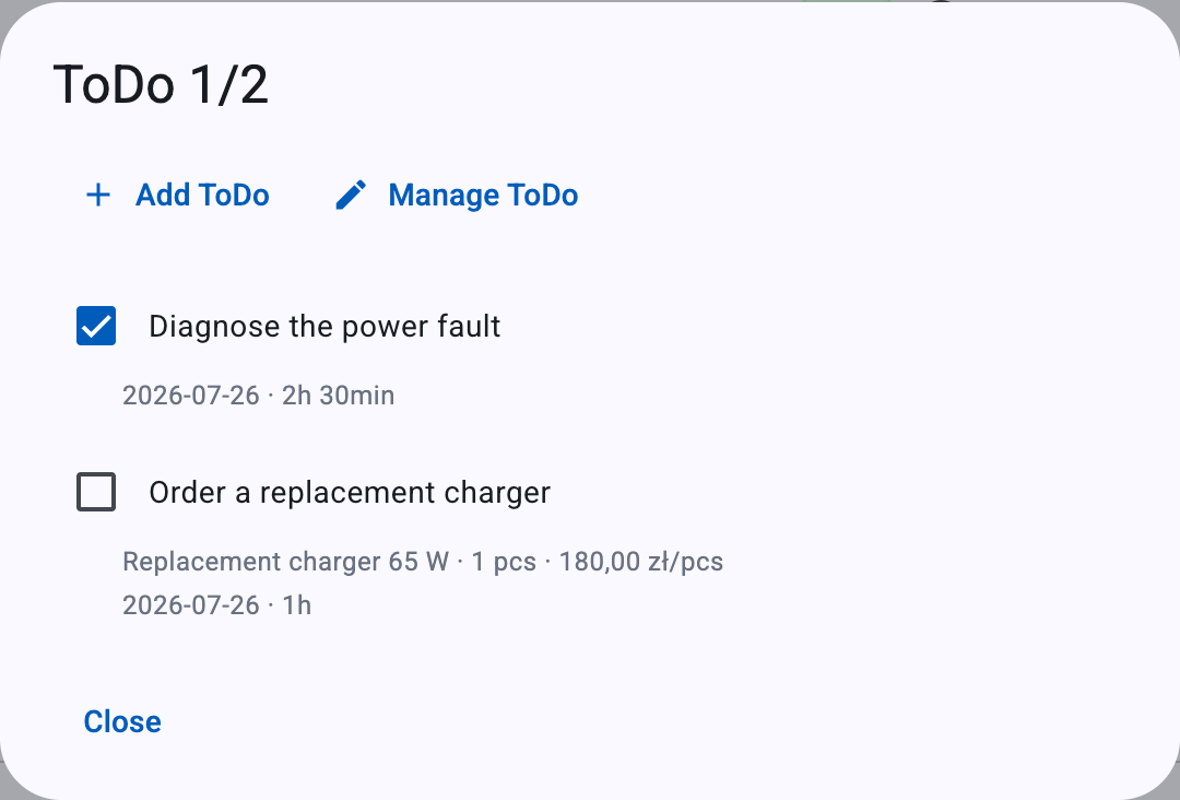 The ToDo view — the checklist with its completed/total count and linked costs and working time