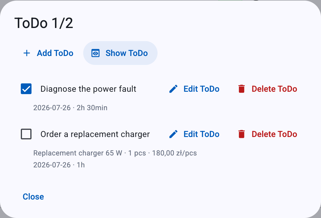 Manage mode — each row gains Edit ToDo and Delete ToDo buttons