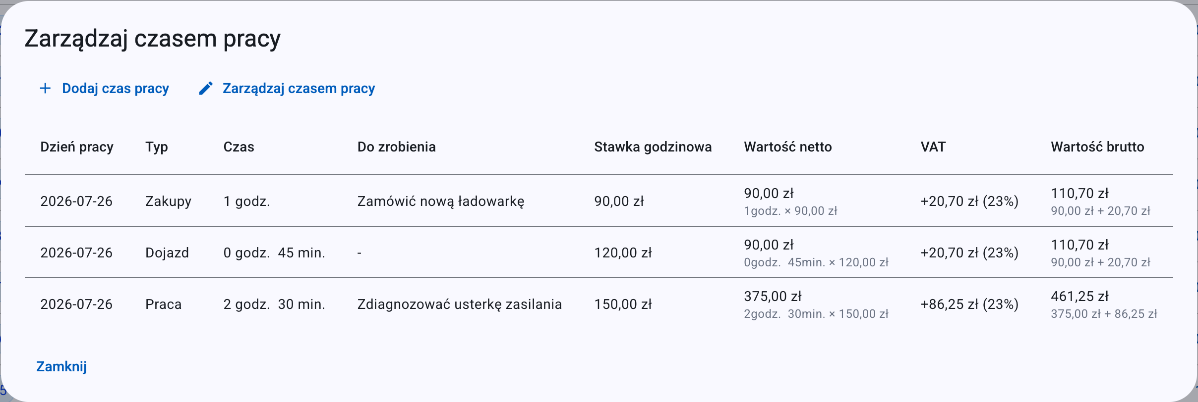 Zarządzanie czasem pracy w zleceniu — wpisy według typu, z czasem, stawką i wartością